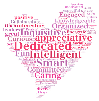 Heart-shaped wordle illustrating what HSL staff love about our users